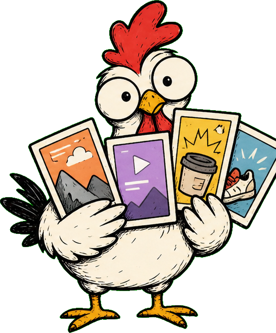 Growth Chicken holding a stack of sample ads